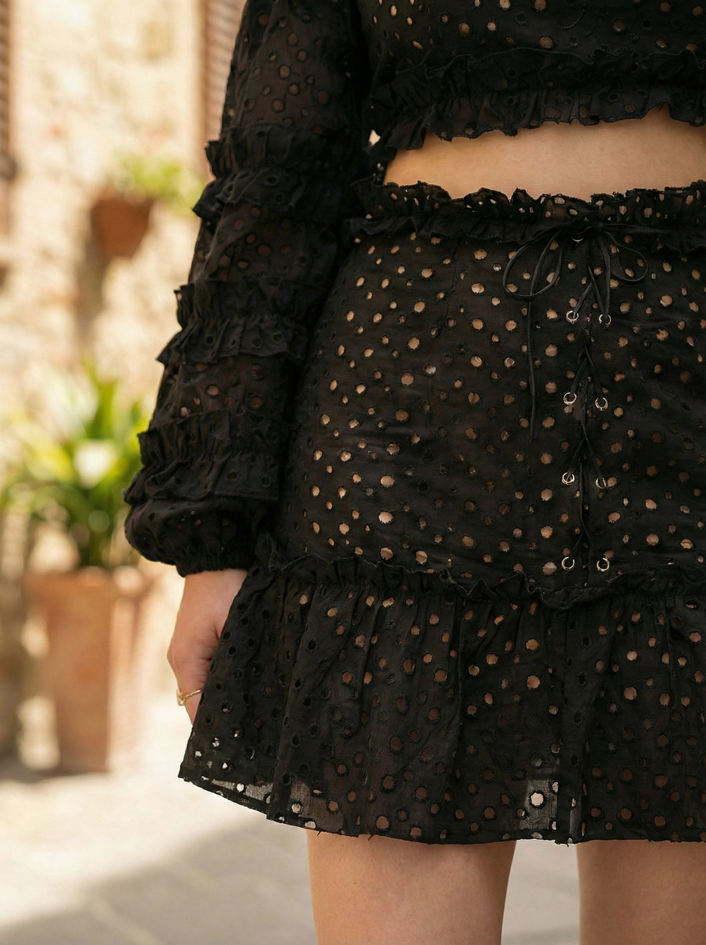 Eyelet Two-Piece – Off-Shoulder Top & Mini Skirt with Beige Nude Lining