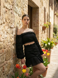 Black Cotton Eyelet Two-Piece – Off-Shoulder Top & Mini Skirt