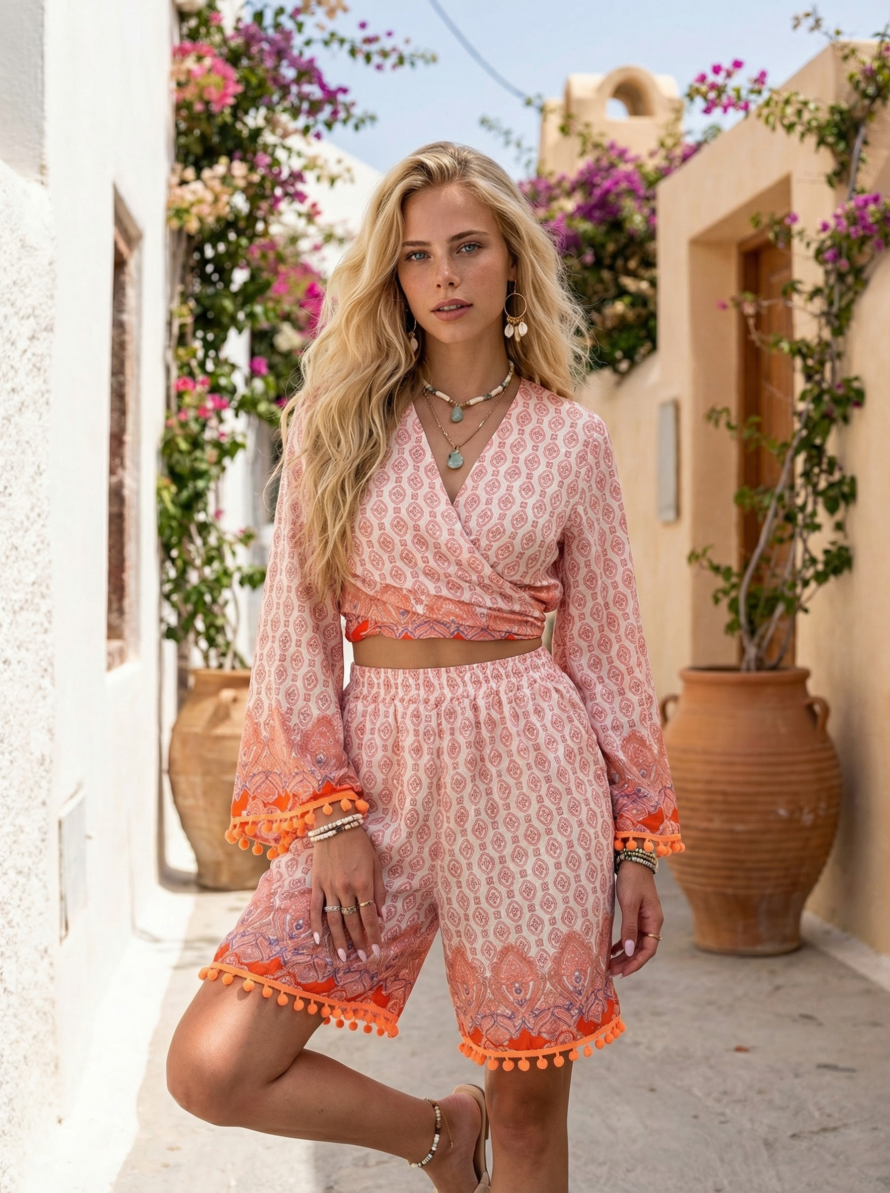 Coral Viscose Wrap Top & Bermuda Shorts Set with Pockets, Pom-Pom Trim