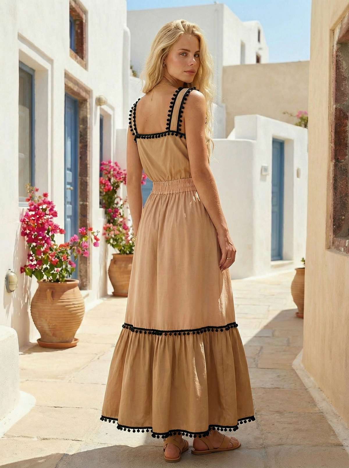 Boho Cotton Two-Piece – Tiered Skirt Set with Pom-Poms