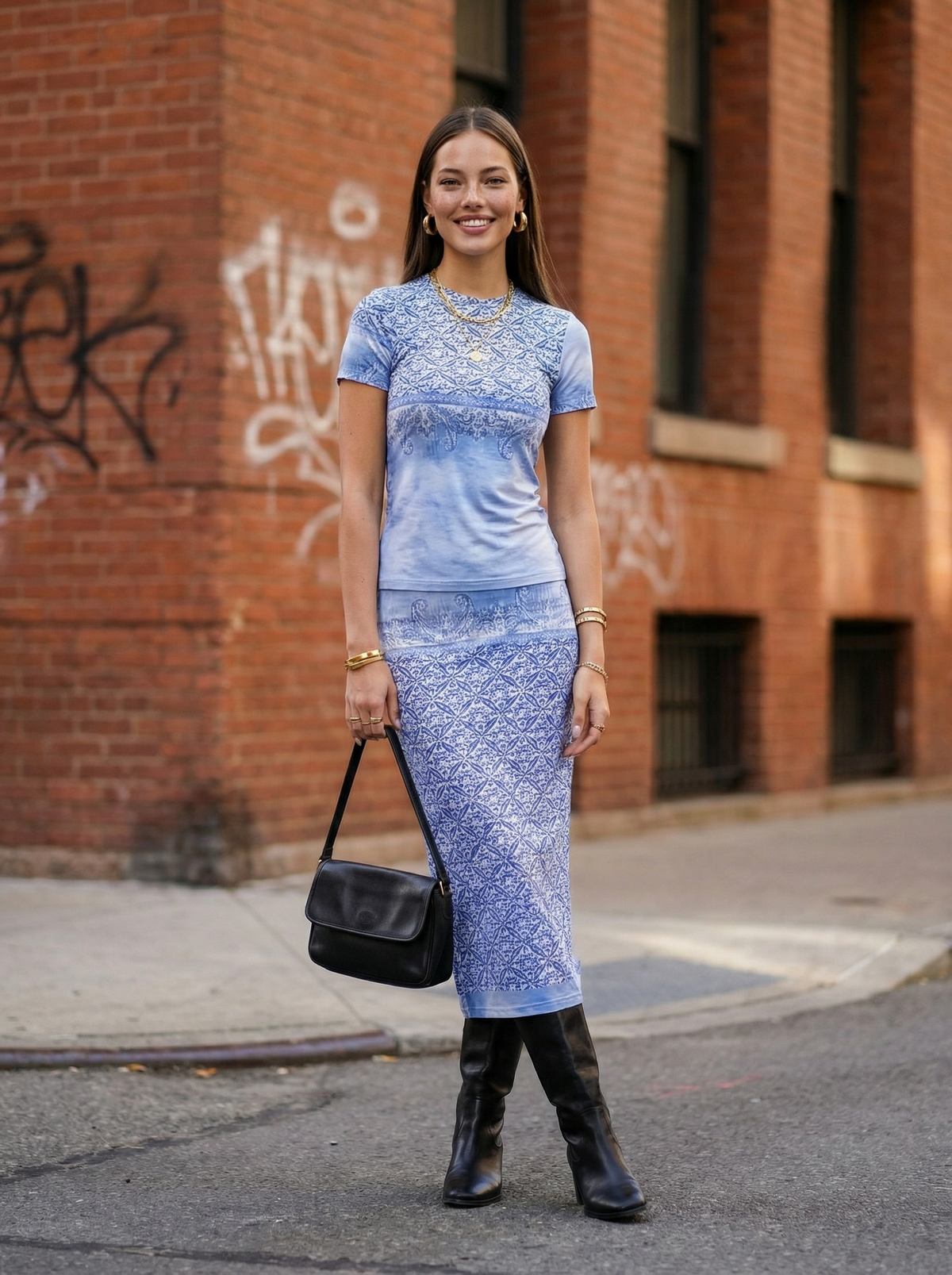 Blue Tie-Dye Viscose Two-Piece Set, Midi Skirt
