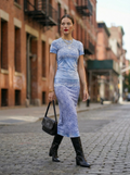 Blue Tie-Dye Viscose Two-Piece Set, Midi Skirt